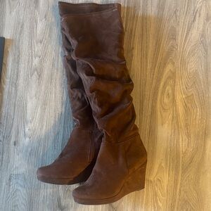 Women's Brown Suede Wedge Knee-High Boots